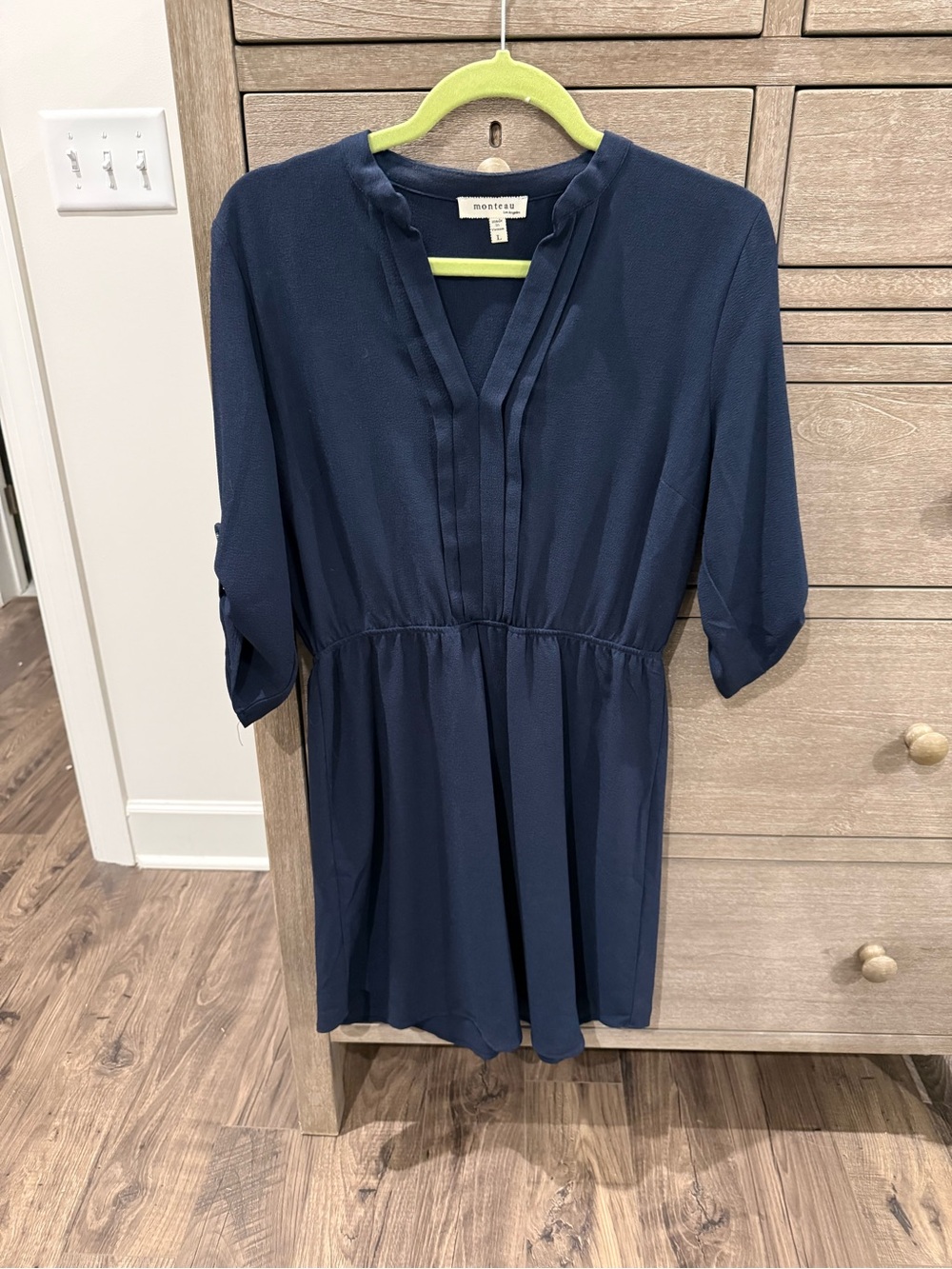Monteau Navy V-Neck Midi Dress with Gathered Waist